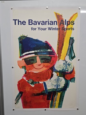 ''Bavarian Alps For Your Winter Sports'' Travel Poster 25x40 Ski Linenbacked 60s 