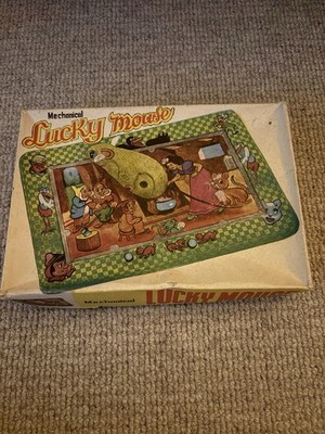 Vintage mechanische Glücksmaus Blechspielzeug zum Aufziehen in Box + Schlüssel Schneewittchen 7 Zwerge