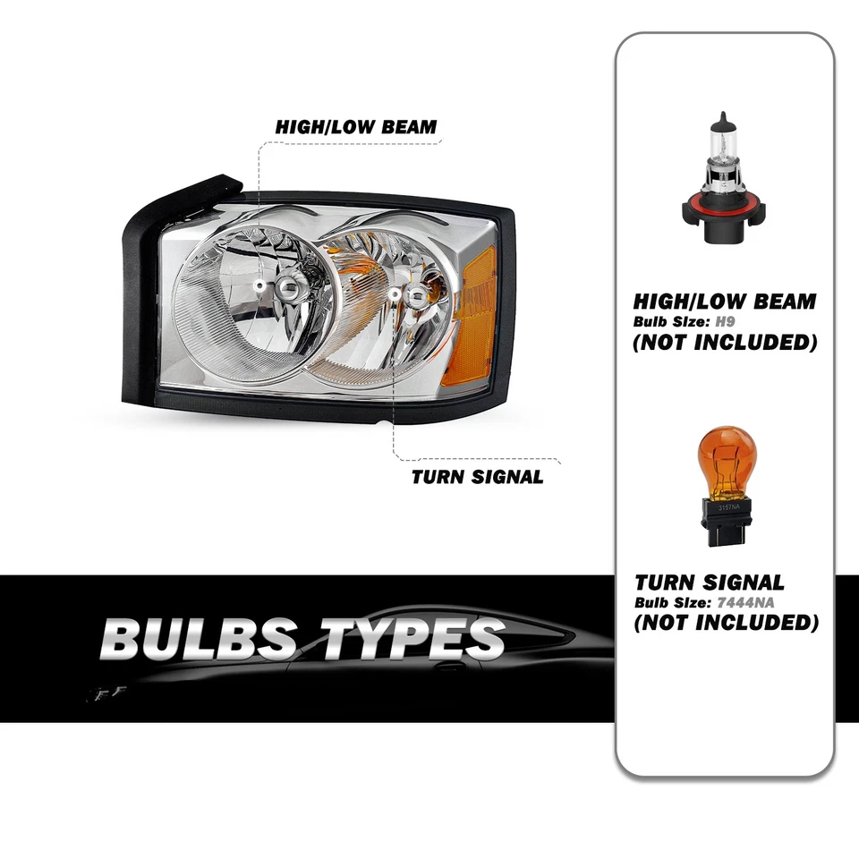 Left+Right For 2005 2006 2007 Dodge Dakota Headlights Chrome Amber Headlamps - Imagem 3 de 4