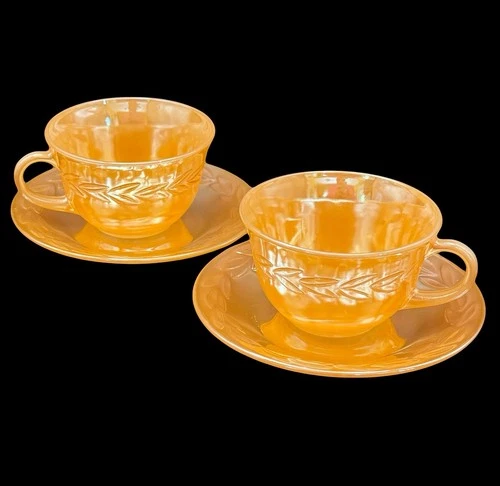Vintage Fire King Peach Lustre Pair Of Cups And Saucers [1423]