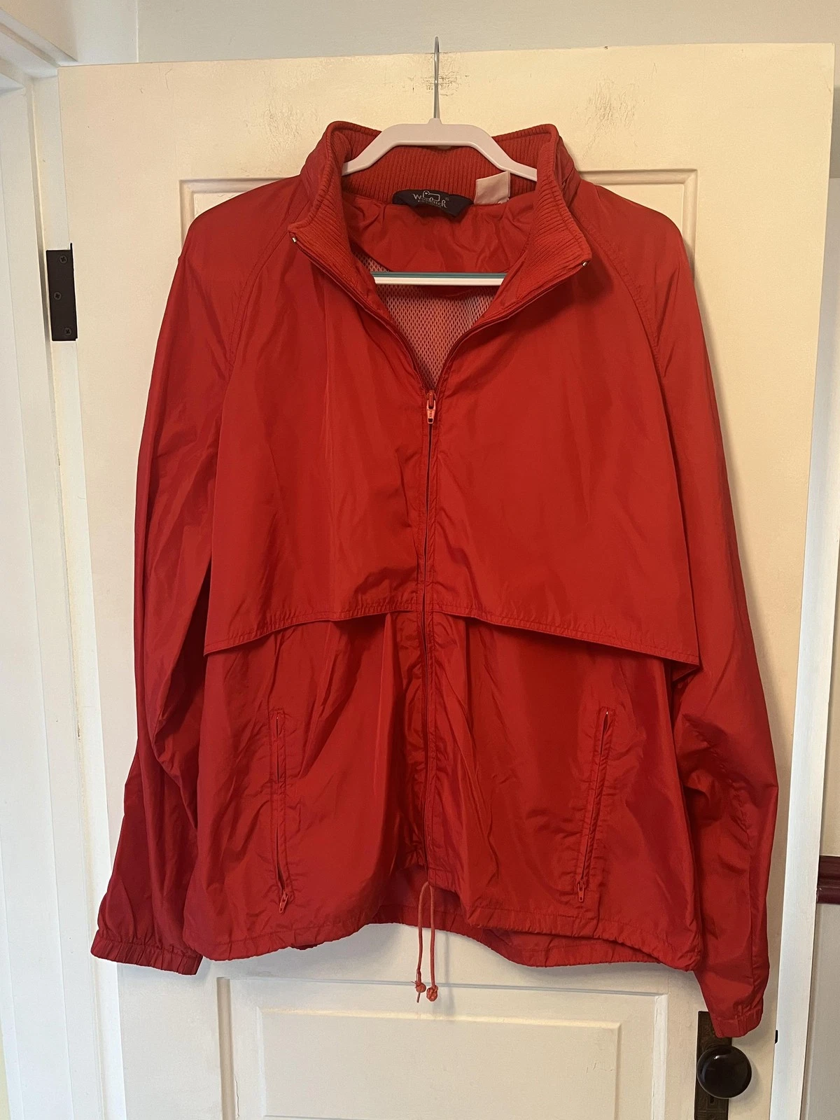 Woolrich Jacket Mens XL Red Full Zip Hooded Windbreaker Mesh Lined Outdoor Nylon