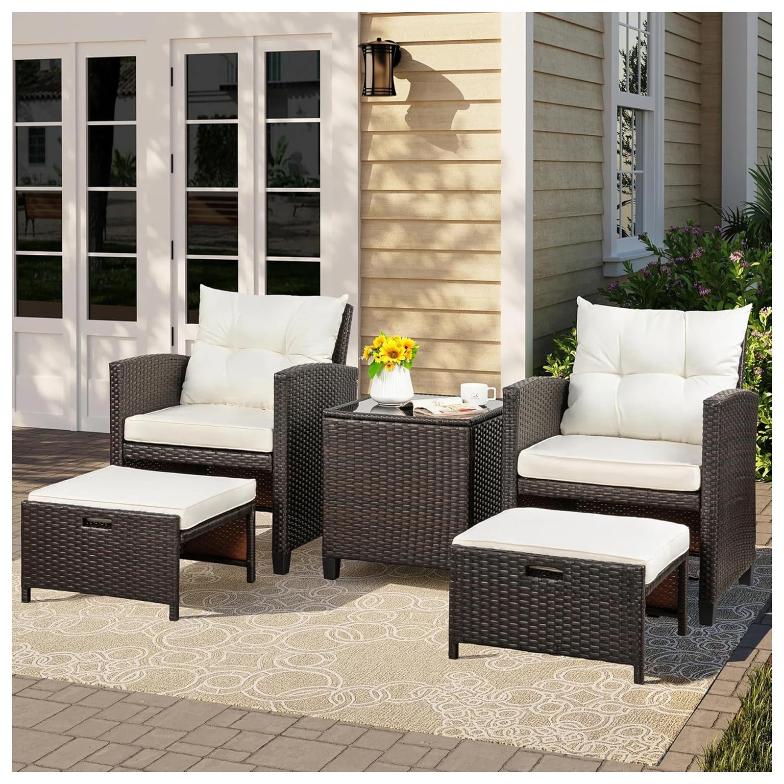 Vongrasig 5pc Patio Set, Wicker Chairs & Ottoman Table, Beige (Open Box)