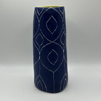 Handmade Blue Vase w/ White Geometric Pattern & Green Glaze Inside Thailand
