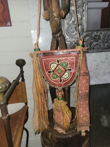 Vintage Tuareg African Bag- Leather Wall Hanging OOAK Multi Colors Long Fringe