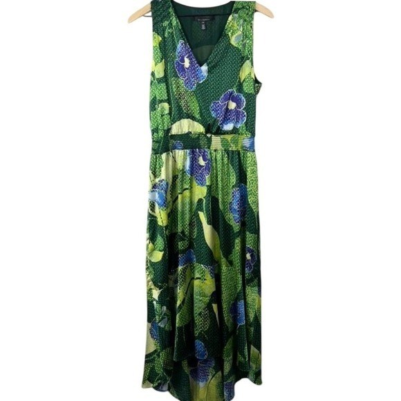 White House Black Market Green Floral Smocked Empire Waist Midi Dress 10