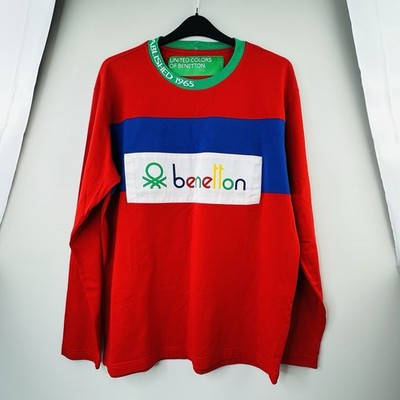 United Colors of Benetton Logo Langarm T-Shirt Rot Colour Block Herren L