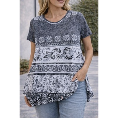 Sacred Threads Womens Black White Paisley Floral Sharkbite Tunic Top S/M NWT