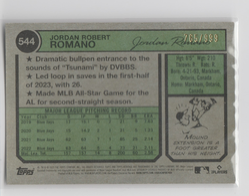 2023 Topps Heritage High Number #544 Jordan Romano Chrome Parallel #765/999 - Picture 2 of 2