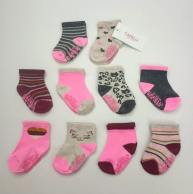 10 Pairs Girls Crew Socks, Capelli New York, Size: 3-12M  with Grippers - NWT