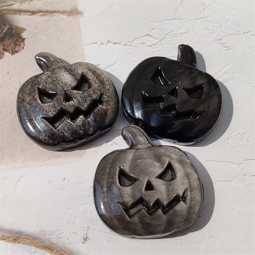 2" Natural Silver obsidian Carved Pumpkin Quartz Crystal Skull Christmas gift 1x - Picture 10 of 12