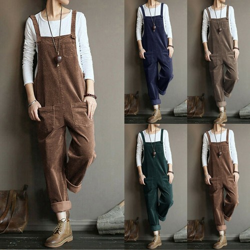 Women Corduroy Dungarees Wide Leg Baggy Playsuits Jumpsuits Loose Trousers Pants