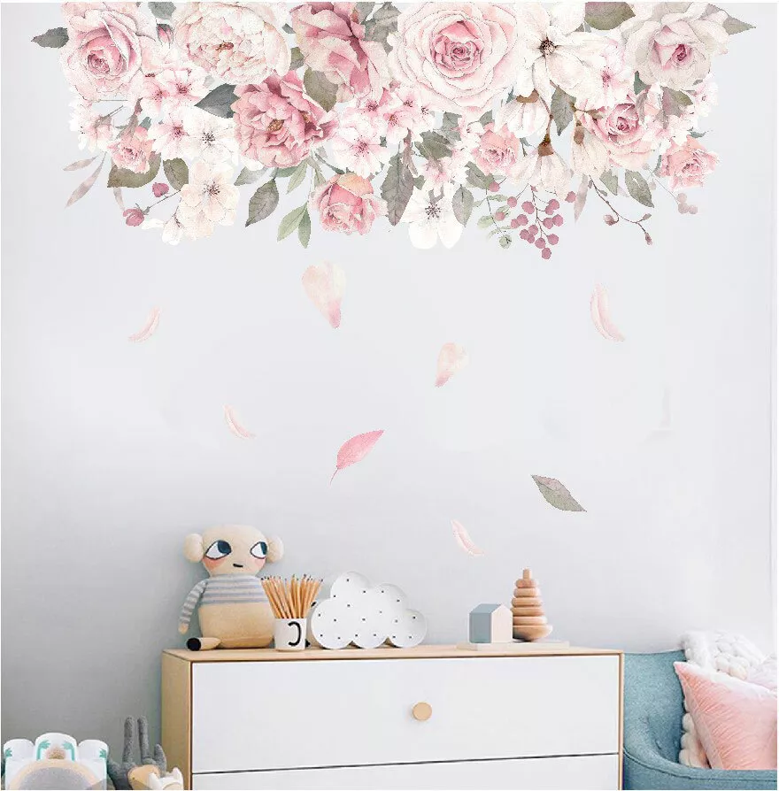 Pink Flower Floral Branch Wall Stickers Girls Nursery Decals Baby Room  Decor DIY