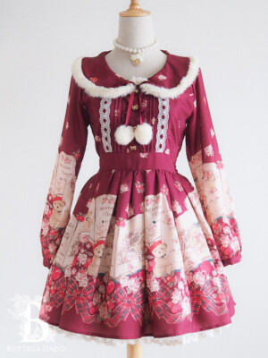🌹LIZ LISA🌹Teddy Bear Book Dress OP Bordeaux Winter Romantic Japan I068