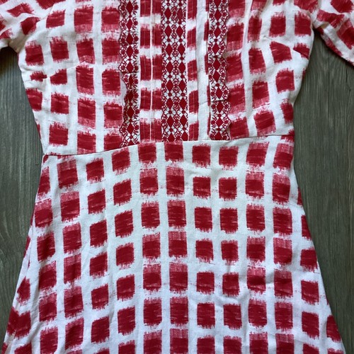 Vineet Bahl Womens Embroidered Linen Midi Dress XS Red Checkered 3/4 Sleeve - Picture 6 of 14