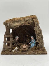 Vintage Nativity Set Wooden Creche Manger Resin Figures Made In Italy Rustic