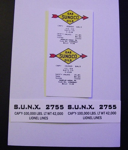LIONEL ALUMINIO SUNOCO S.U.N.X. 2755 CALCOMANÍAS CISTERNA AGUA NEGRA 2755 POR JUEGO ¡MIRA! | Zustand: New