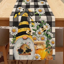 Seliem Spring Bee Gnome Table Runner, Honey Black White Buffalo Plaid Check Home