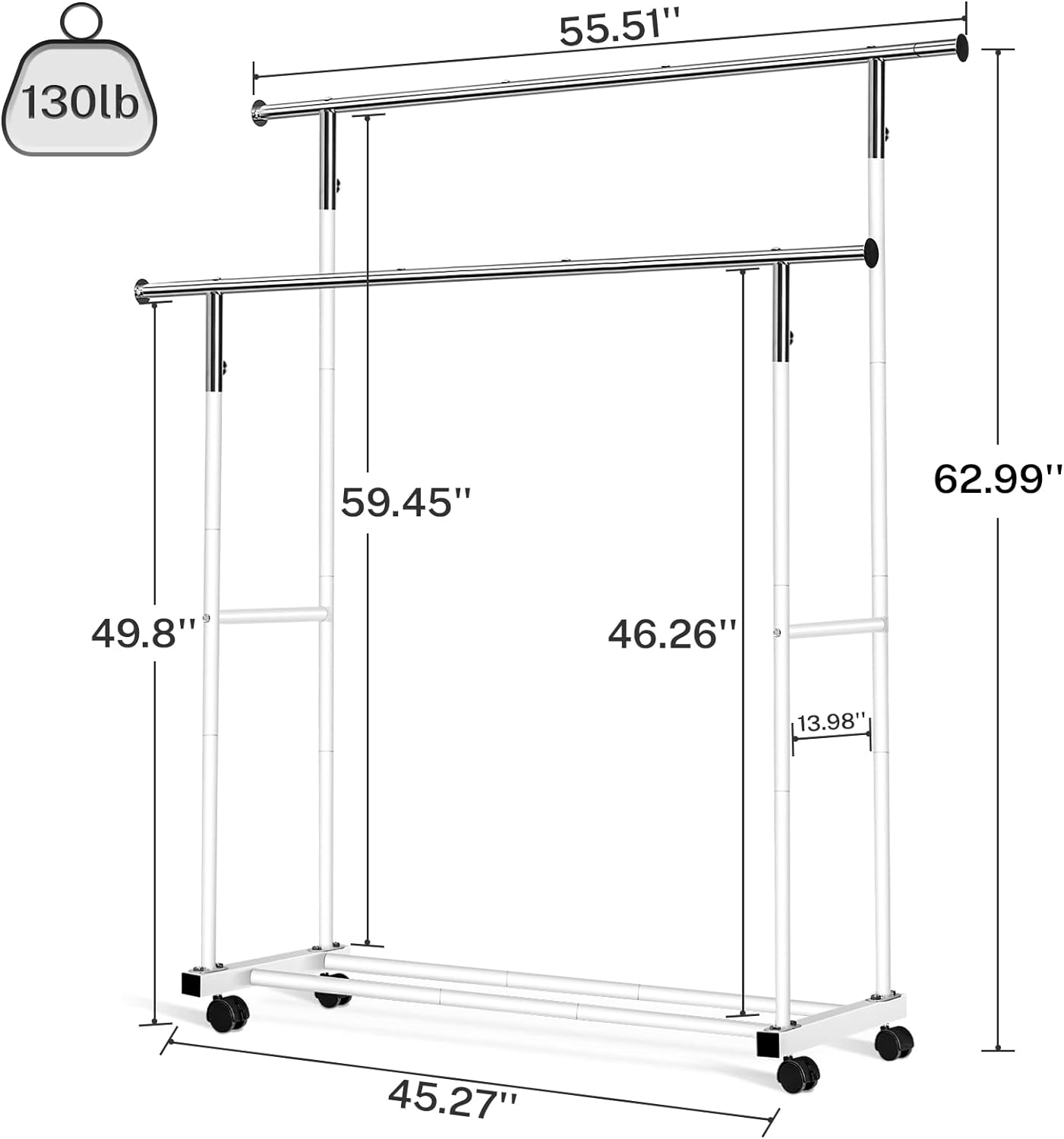 Double Clothing Rack, 55.51 Inch Garment Rack with Wheels and Bottom