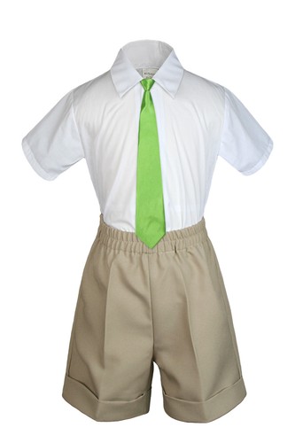 3pc Boy Baby Toddler Formal KHAKI Shorts Suit + Choose a Color Tie S-4T - Picture 18 of 25