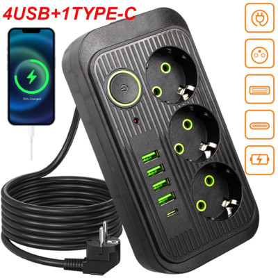 Steckdosenleiste 3-Fach 4 USB Mehrfachsteckdose mit Flachstecker und Schalter