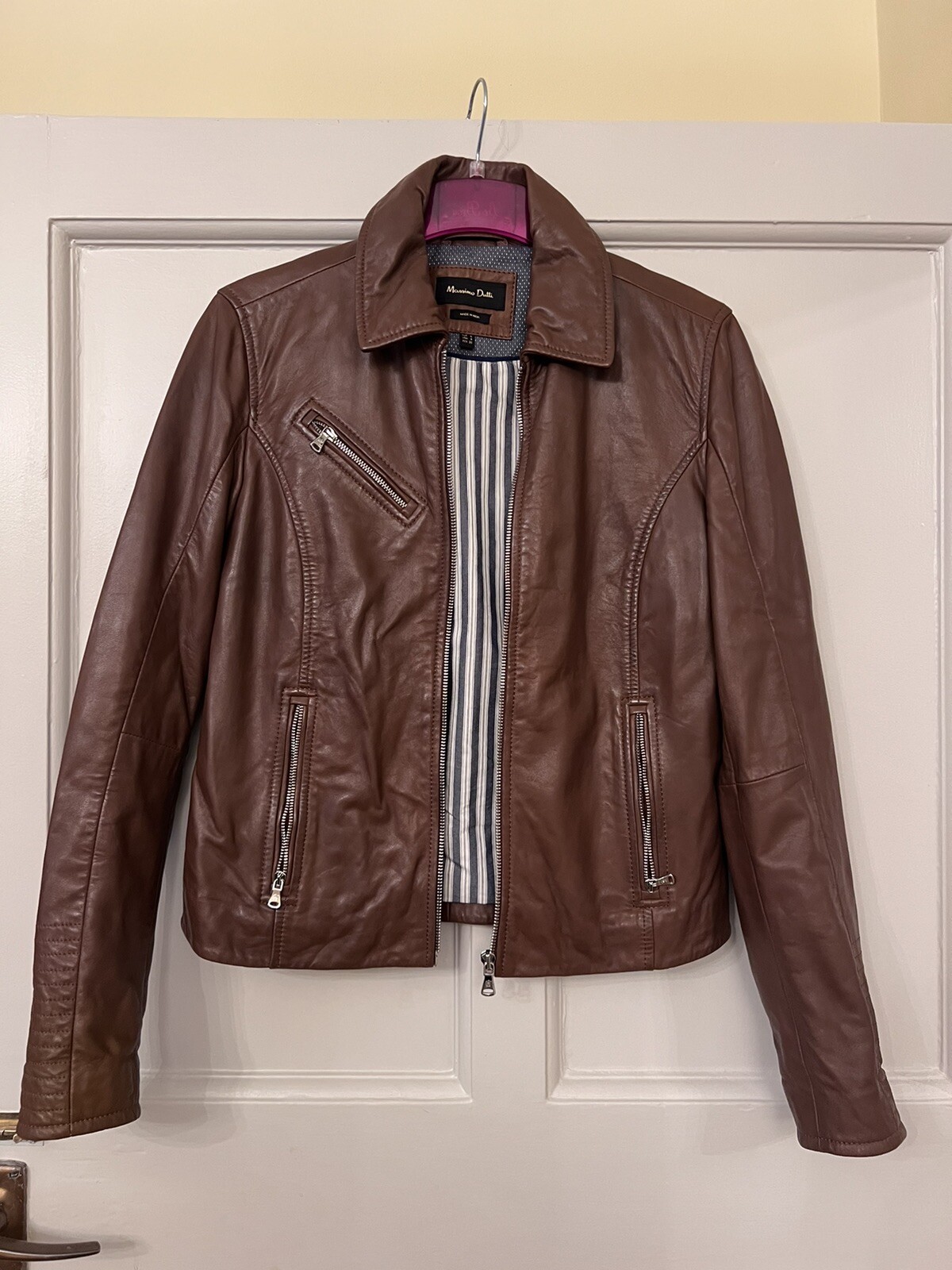 Brand New Massimo Dutti Brown 100percent Genuine Real Soft Leather Biker Jacket Size S