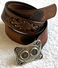 LEEGIN Western Leather Belt Hand Tooled Braid Inlay SZ 44, Mercury Dime Buckle