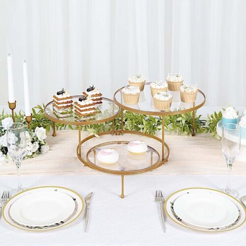 ORO TRANSPARENTE 23" Redondo 3 Niveles Metal Pastel SOPORTE POSTRE Platos Acrílicos Fiesta Eventos - Imagen 6 de 8