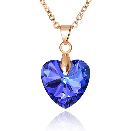 14K Gold Plated Copper Heart Blue zircon Romantic Love Crystal Pendant Necklace - Picture 1 of 8