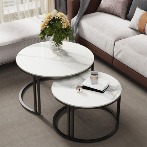 WISFOR Simple Nesting Table Circular Round Marble Tables Coffee Table White/Grey - Picture 2 of 19