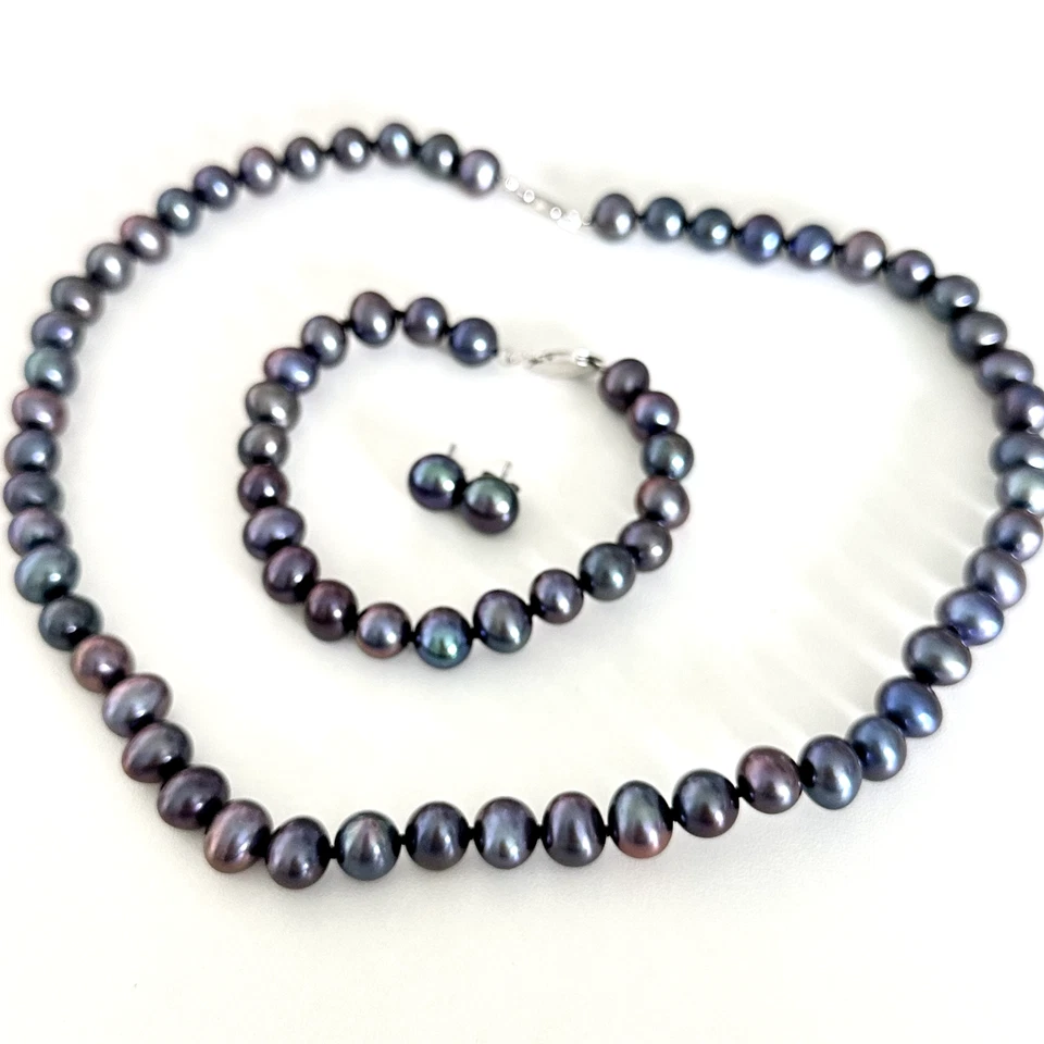 Juego de aretes brazalete pulsera perlas negras reales genuinas de plata de ley 925 Foto 3 de 4