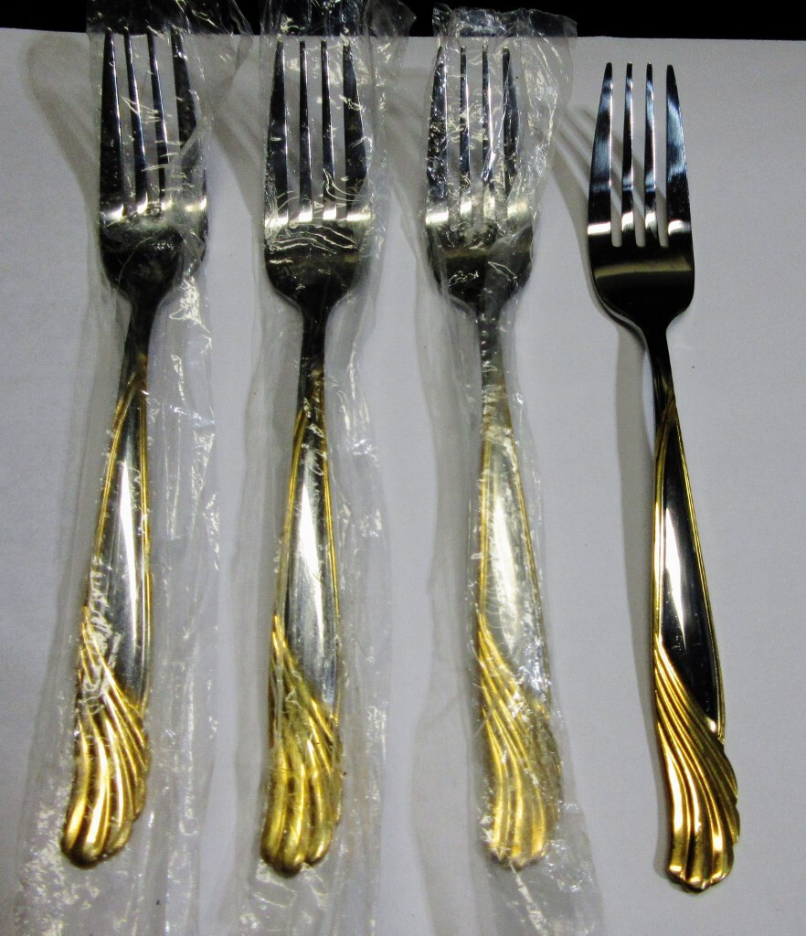 4  Cambridge GOLD FLORENTINE Stainless SALAD FORKS  6 3/8""   NEW  Unused