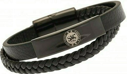 CHELSEA FC BLACK IP LEATHER BRACELET CFC CREST PLATE TWIN DESIGN GIFT BOXED - Picture 2 of 4