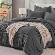 King Size Comforter Set - 7 Piece Grey Bed in a Bag Clump-Free Washable, All S
