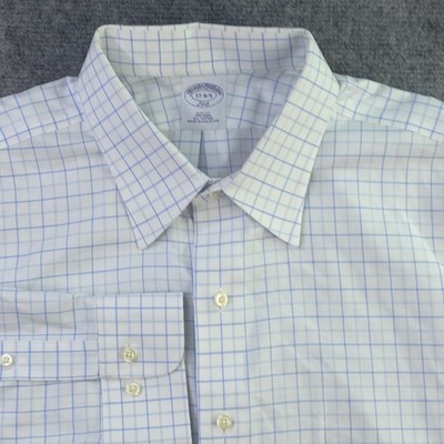 Brooks Brothers Dress Shirt 17 4/5 Slim Fit White Blue Check Point Collar Cotton