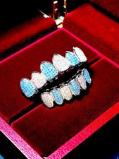 His Swag SOLID 925 Blue Ice Simulated Diamond Grillz Top Bottom Set