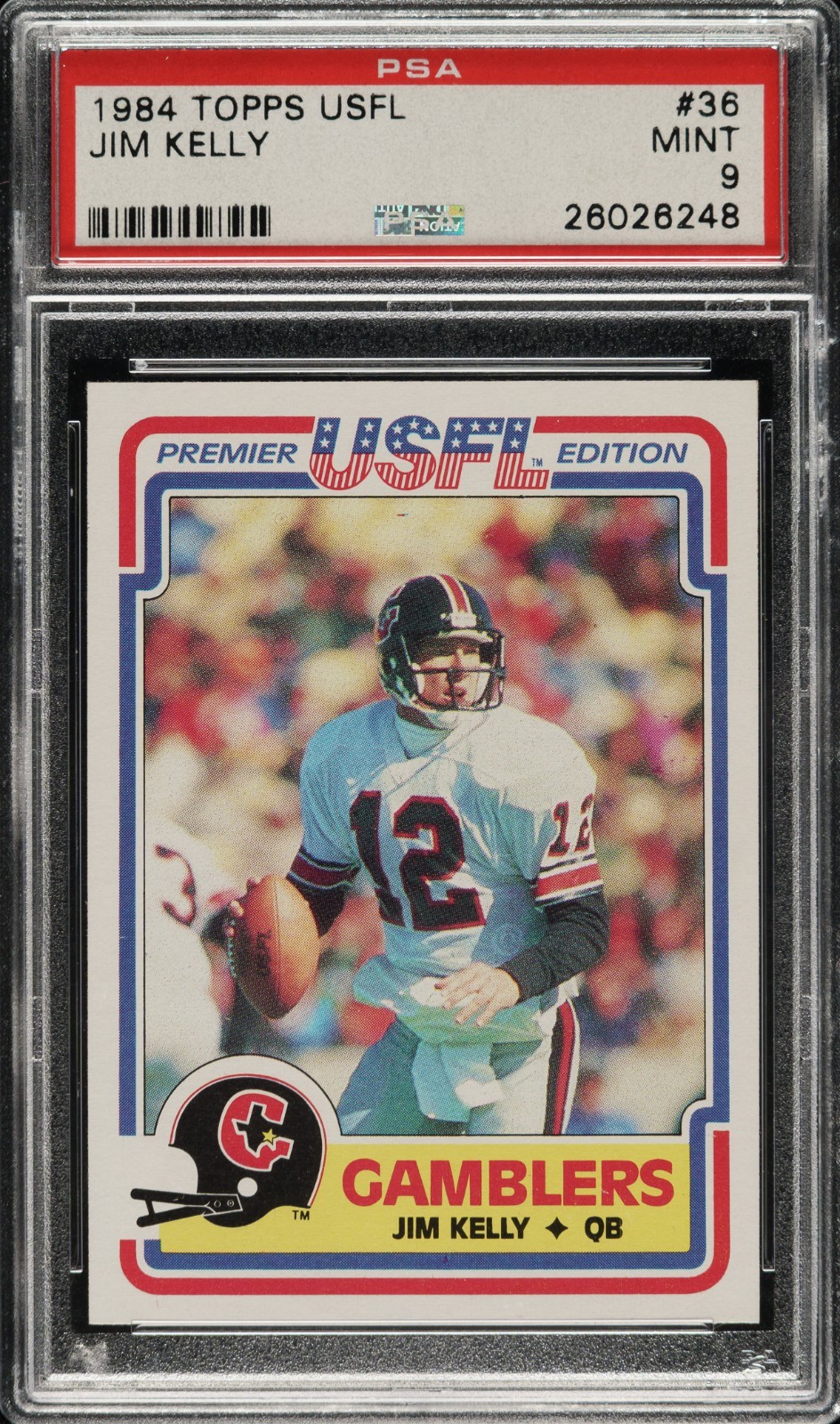 1984 Topps USFL #36 Jim Kelly RC - PSA MINT 9 PWCC-E Top 15% CENTERED VSCARDS
