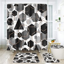 4-Pcs Grey Bathroom Set with Shower Curtain Rugs Accessories Honeycomb