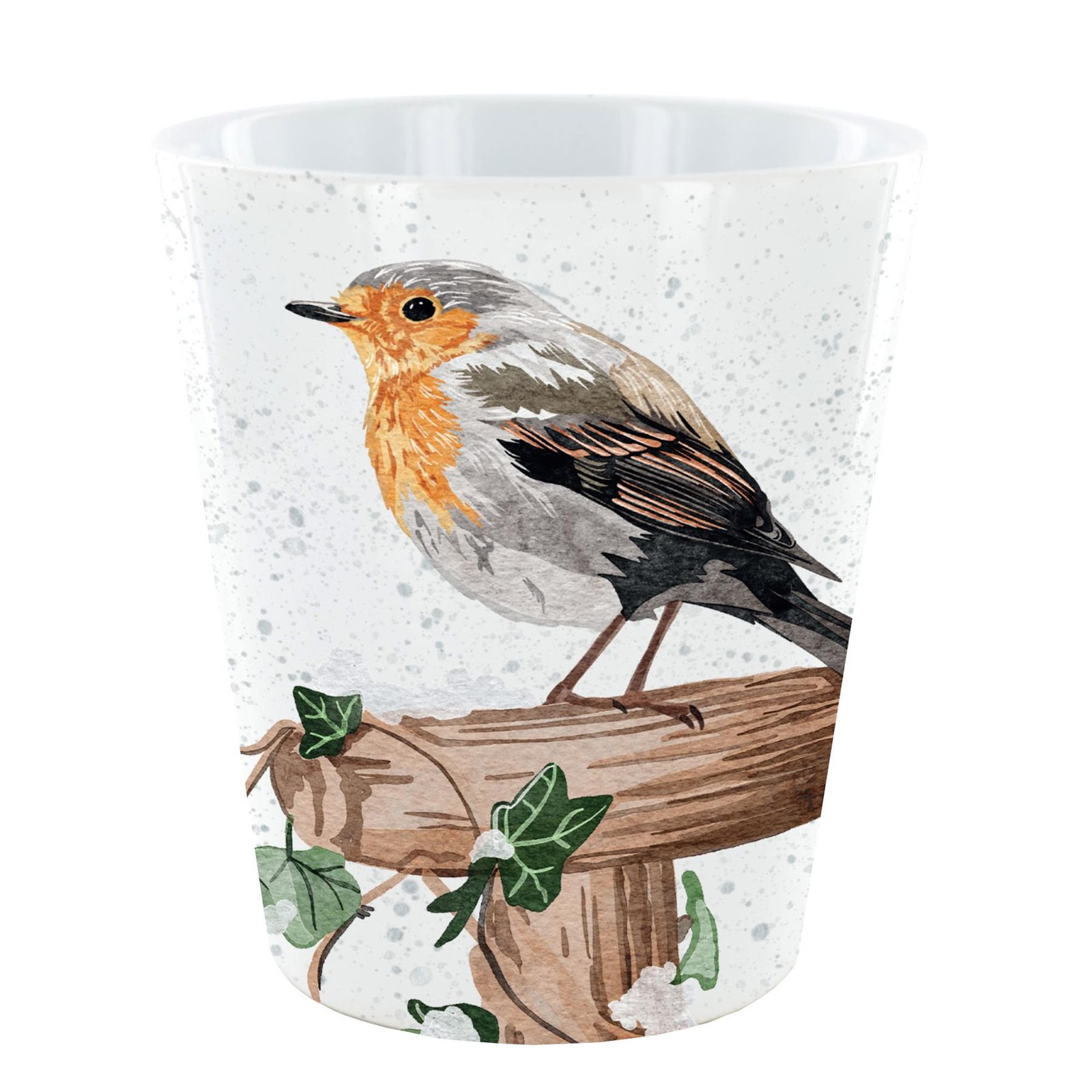 Robin In Snow On A Garden Tool Wrapped In Ivy Watercolour Ceramic Plant Pot