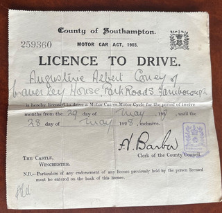 1927 driving licence issued by the County of Southampton 7 inch x 6.5 inch