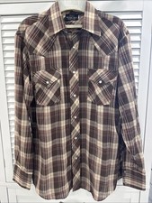 Vintage 60's Sears Western Wear Brown Plaid Shirt Pearl Snap Buttons M
