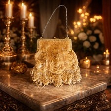 Vintage Gold Beaded Evening Bag Art Deco Flapper Purse 1920's Style Fringe