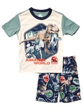 Jurassic World Boys Green  Blue Dino T-Rex Short Sleeve 2 Piece Pajama Set 4/5