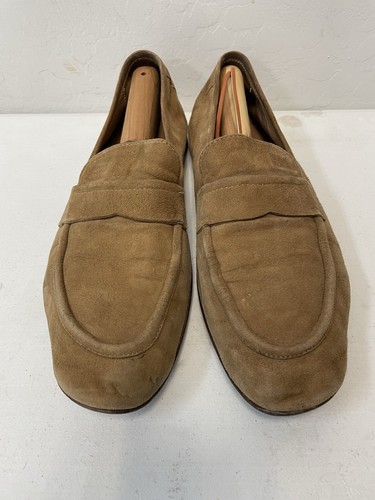 HUGO BOSS Softly Constructed Suede Logo Apron Toe Loafer in Camel Size 8 1/2 - Picture 1 of 9
