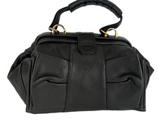 Soft Black Leather Modalu Handbag, with top strap, purple lining.