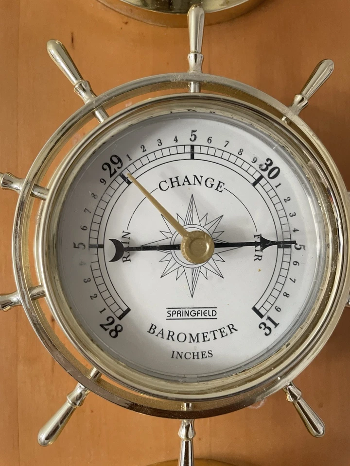 SPRINGFILED Estación Meteorológica Náutica Termómetro Barómetro Humidificar Base Madera Foto 2 de 3