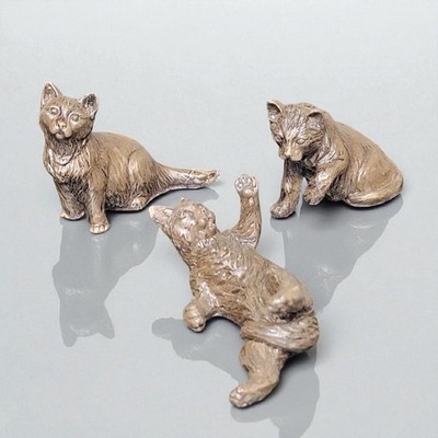 *READ* Set of 3 Small Bronze Cat Figurines Playful Curious Happy Kitty Smile 2''