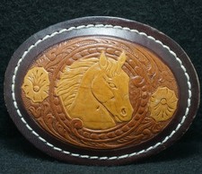 XA25139 NOS VINTAGE 1970s HORSE HEAD ANIMAL ARTWORK LEATHER MENS BELT BUCKLE