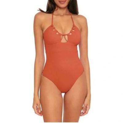 BECA by Rebecca Virtue Textured Halter One Piece Swimsuit Convertable Orange S
