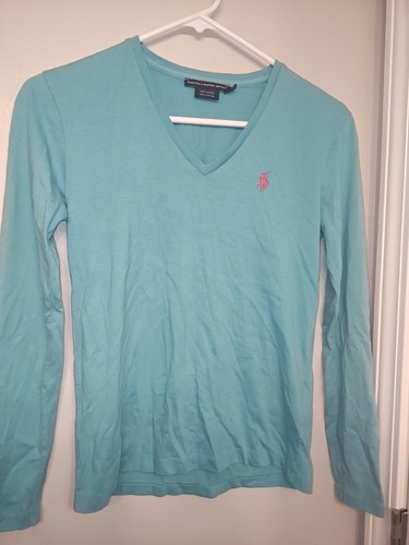 RALPH LAUREN SPORT TEAL LOGO LONG SLEEVE BLOUSE LOW CUT SIZE X SMALL - Picture 4 of 5