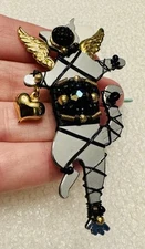 Vintage Artisan LizTech Catitude Cat Brooch Pin w/ Beads & Wire & Cabochons